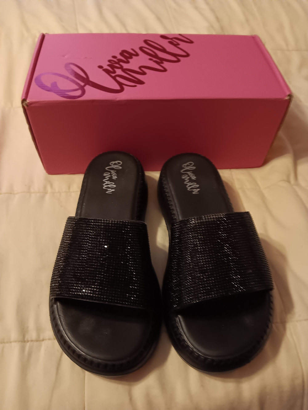 Olivia Miller Black Glitter Slide Sandals
